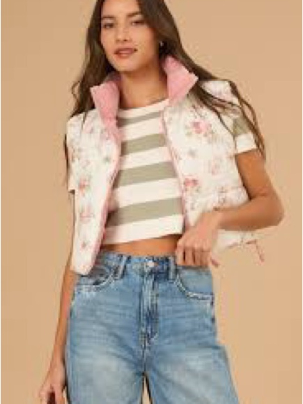 Altar'd State Pink Floral Quilted Cropped Vest